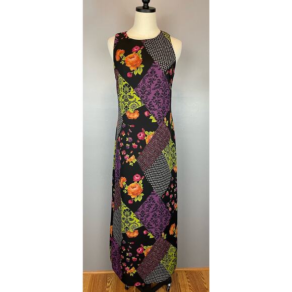 Vintage 1990s Printed Patchwork Polyester Chiffon Maxi Whimsy Goth Med - Picture 6 of 7